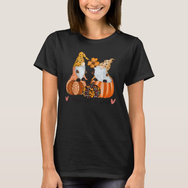 Happy Fall Blessed Gnomes Pumpkins Leopard Pattern T-Shirt (Front)