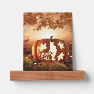 Happy Fall Cat & Leaves Wood Ledge Sign