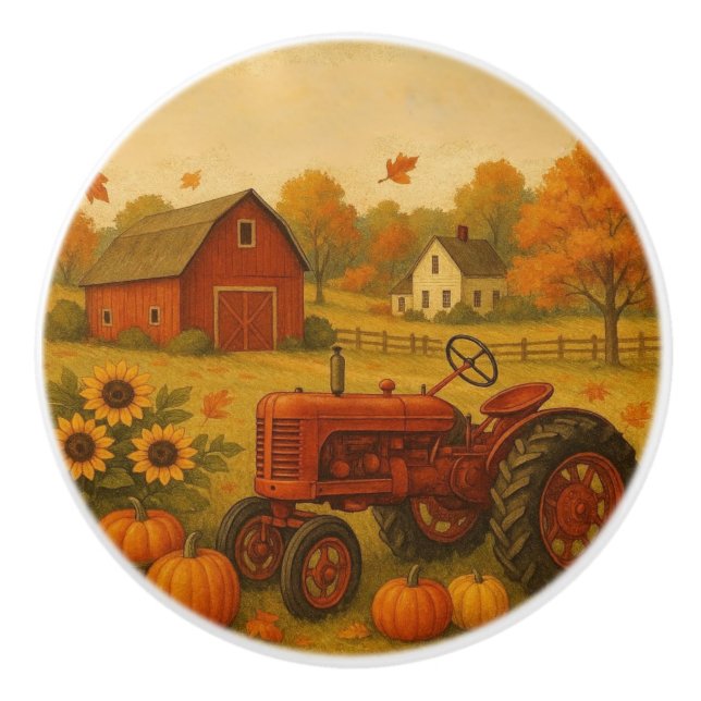 Happy fall classic tractor and farm ceramic knob (Front)