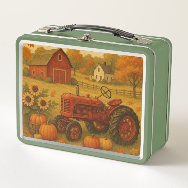 Happy fall classic tractor and farm metal lunch box (Front)