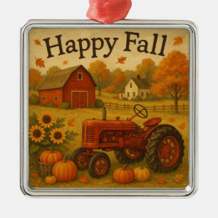 Happy fall classic tractor and farm metal ornament