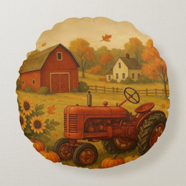 Happy fall classic tractor and farm round pillow (Front)