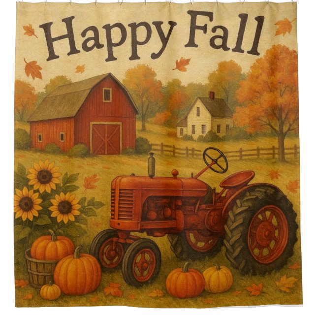 Happy fall classic tractor and farm shower curtain (Front)