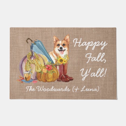 Happy Fall Cute Corgi Dog Personalized Watercolor Doormat