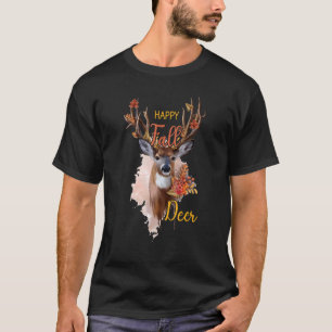 Happy Fall Deer Autumn Maple Leaves Flower Thanksg T-Shirt