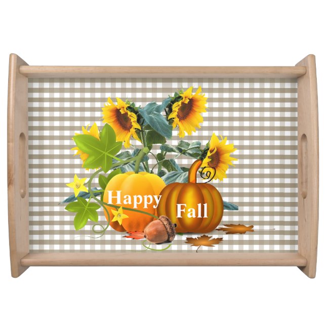 Happy Fall Farmhouse Pumpkin and Gingham  Serving Tray (Front)