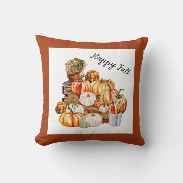 Happy Fall Farmhouse Pumpkins Throw Pillow (Front)