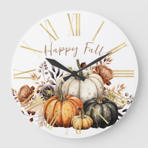 Happy Fall Flowers and Pumpkins Watercolor Autumn Large Clock