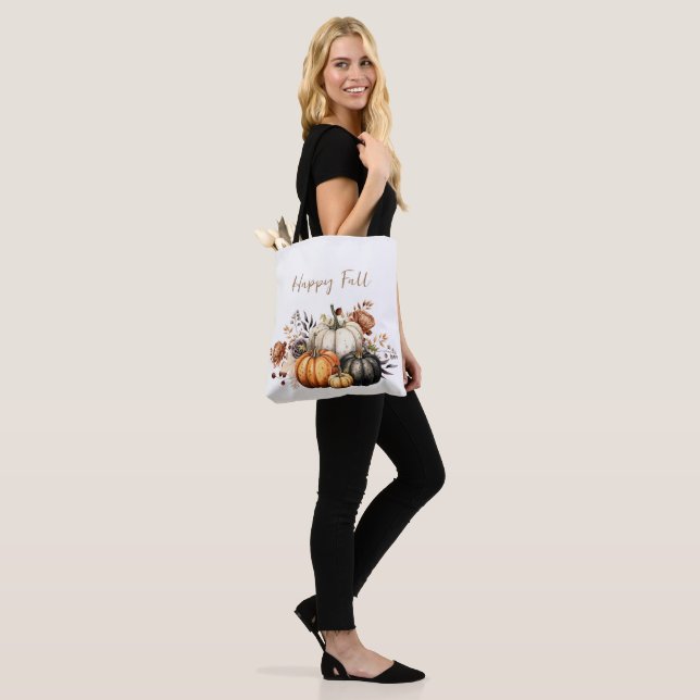 Happy Fall Flowers and Pumpkins Watercolor Autumn Tote Bag (On Model)