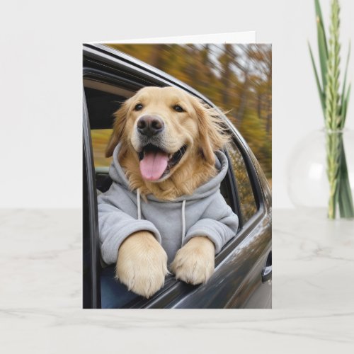 Happy Fall Golden Retriever Riding in a Car Card
