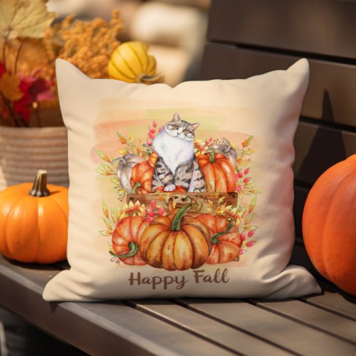 Happy Fall Gray White Cat Rustic Orange Pumpkins Throw Pillow