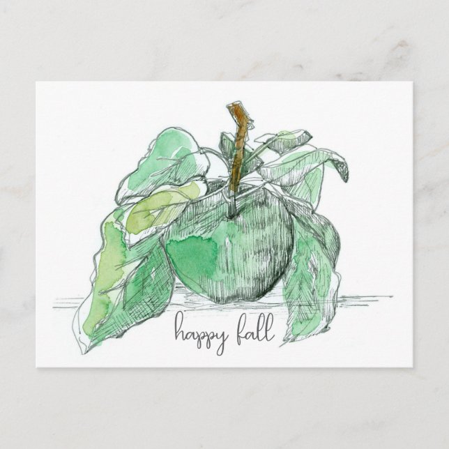 Happy Fall Green Apple Fruit Leaves Watercolor Postcard (Front)