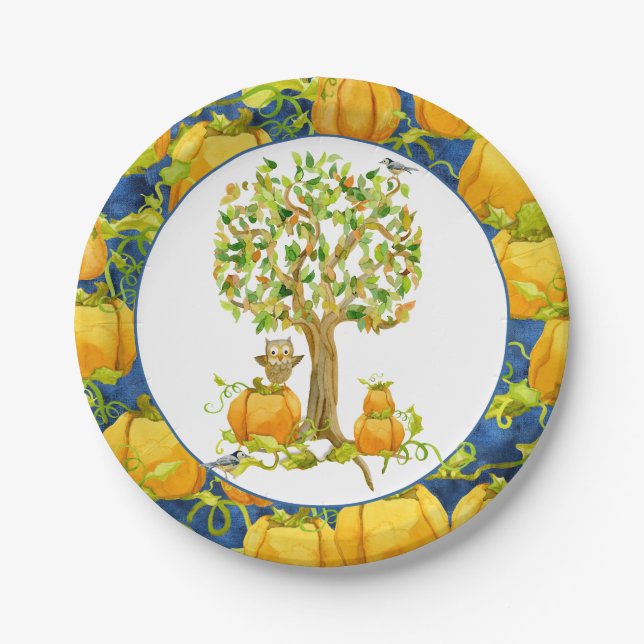 Happy Fall Harvest Halloween Party Pumpkin Patch Paper Plates (Front)