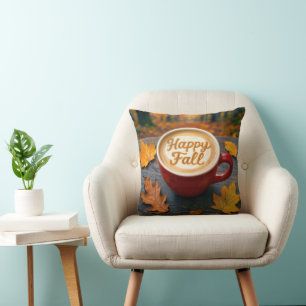 Happy Fall Latte In Red Mug With Autumn Leaves Throw Pillow