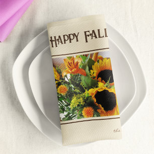 Happy Fall, Name on Large Sunflowers Print 12x12 Cloth Napkin
