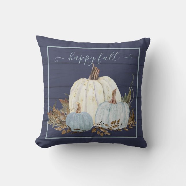 Happy Fall Navy Blue White Pumpkins Rustic Wood Throw Pillow (Front)