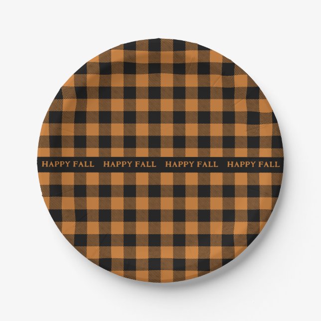 happy fall orange black pattern paper plates (Front)