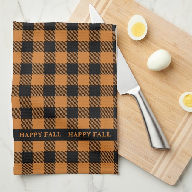 happy fall orange check pattern kitchen towel (Quarter Fold)