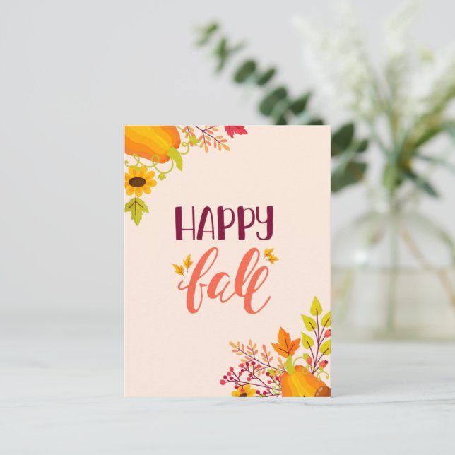 Happy Fall Pumpkin and Leaves Autumn Holiday Postcard (Standing Front)