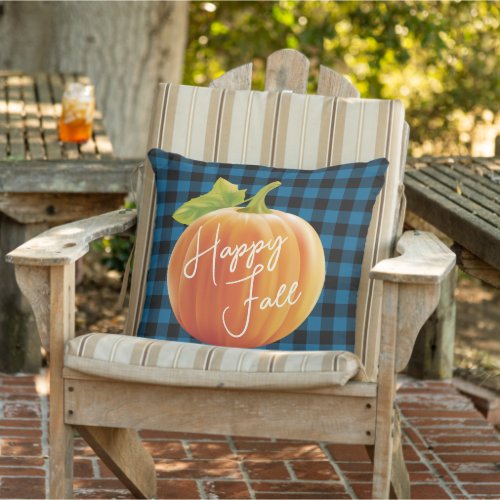 Happy Fall Pumpkin On Blue Black Check Pattern Outdoor Pillow