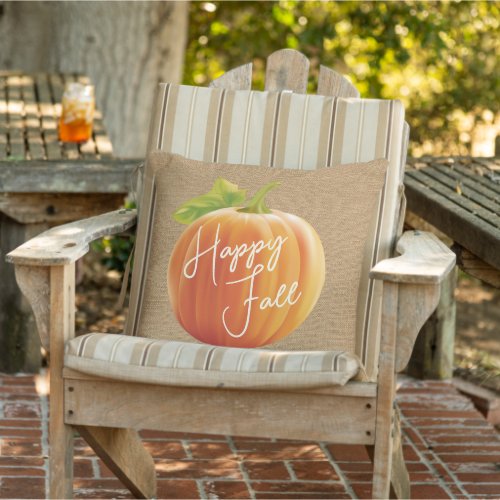 Happy Fall Pumpkin On Faux Jute Outdoor Pillow