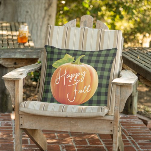 Happy Fall Pumpkin On Green Black Check Pattern Outdoor Pillow