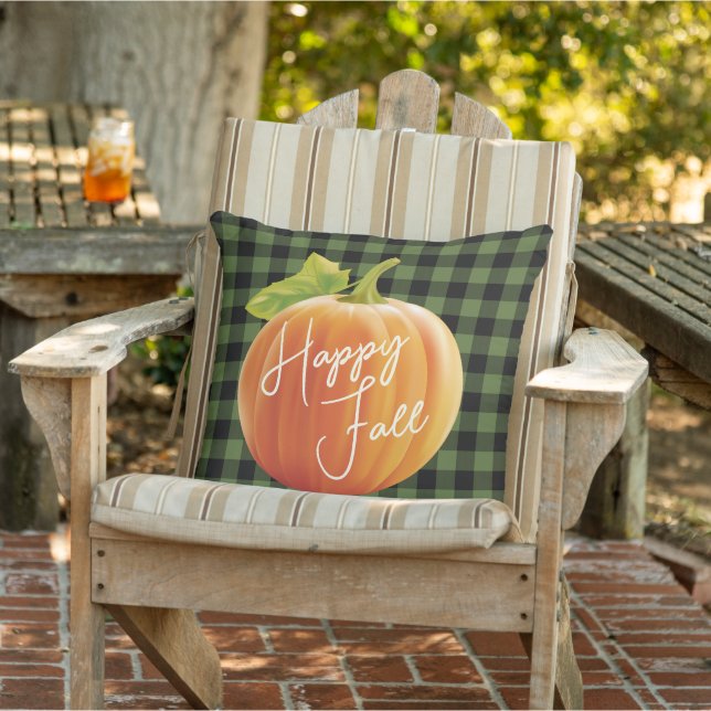 Happy Fall Pumpkin On Green Black Check Pattern Outdoor Pillow (Chair)