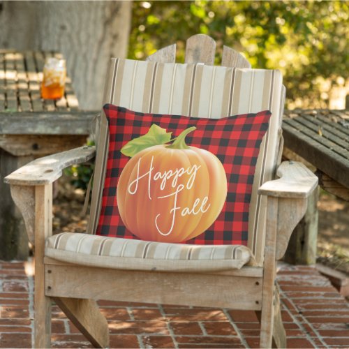 Happy Fall Pumpkin On Red Black Check Pattern Outdoor Pillow