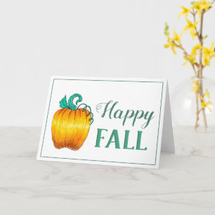 "Happy Fall" Pumpkin Teal themed greeting card
