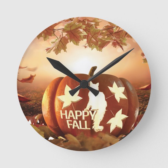 Happy Fall Pumpkin With Cat & Leaves Wall Clock (Front)