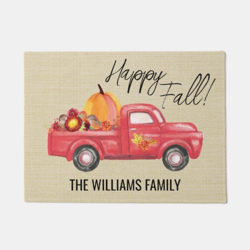 Happy Fall Red Truck Family Name Pumpkins Doormat