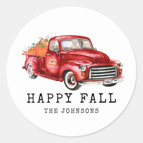 Happy Fall Red Truck Pumpkins Classic Round Sticker