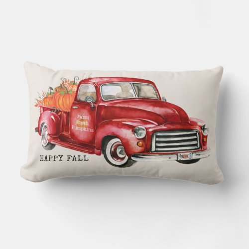 Happy Fall Red Truck Pumpkins Lumbar Pillow