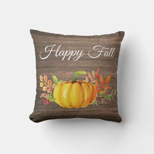 Happy Fall Rustic Watercolor Pumpkin Throw Pillow