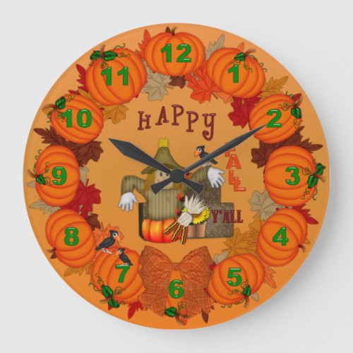 Happy Fall Scarecrow Pumpkins_Round Wall Clock