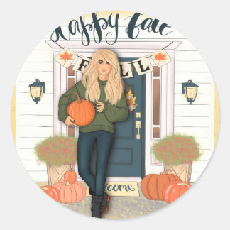 Happy Fall Scene Classic Round Sticker