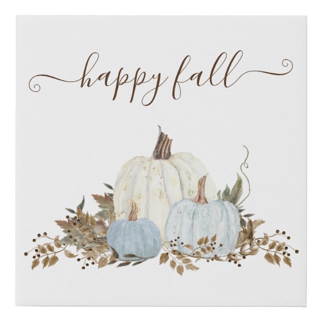 Happy Fall Script Blue White Pumpkin Brown Leaves Faux Canvas Print (Front)