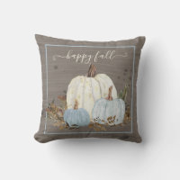 Happy Fall Script Blue White Pumpkin Rustic Leaves