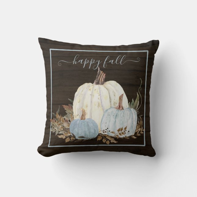 Happy Fall Script Blue White Pumpkins Rustic Wood Throw Pillow (Front)