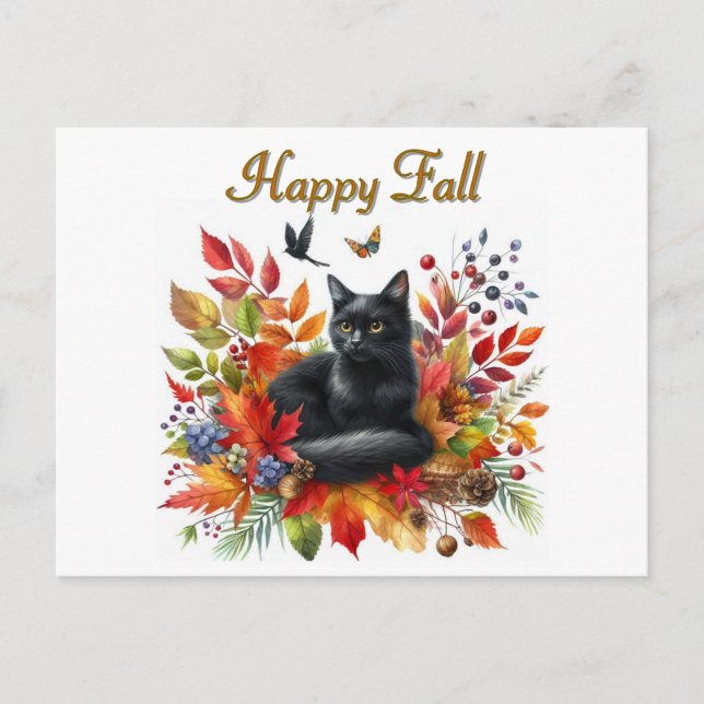 Happy Fall Season Black Cat Postcard (Front)