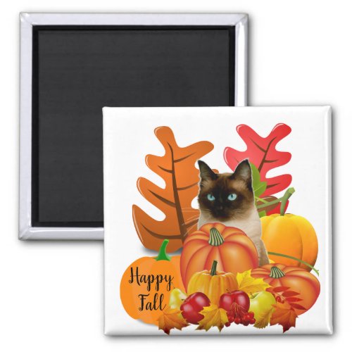 Happy Fall Siamese Cat in Pumpkin Patch Fridge  Magnet