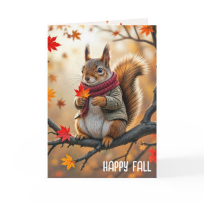 Happy Fall Squirrel Holding a Maple Leaf Card