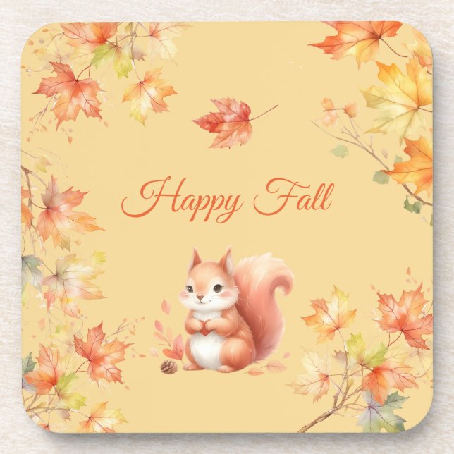 Happy Fall Squirrel in Leaves Beverage Coaster (Front)