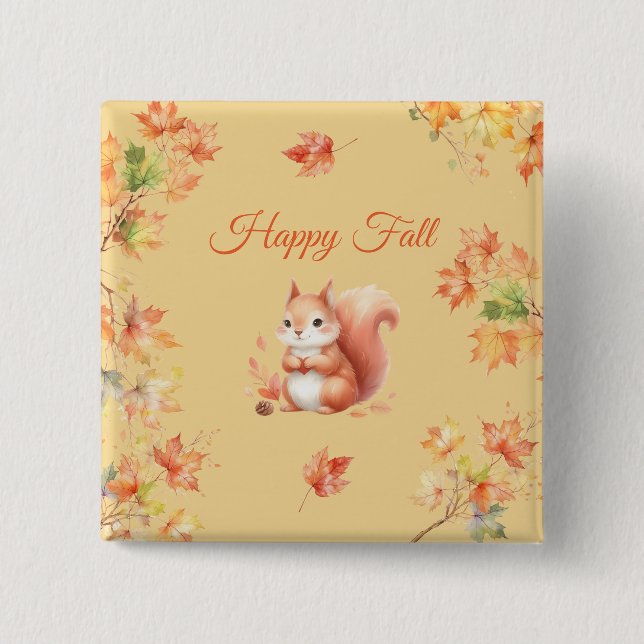Happy Fall Squirrel in Leaves Button (Front)