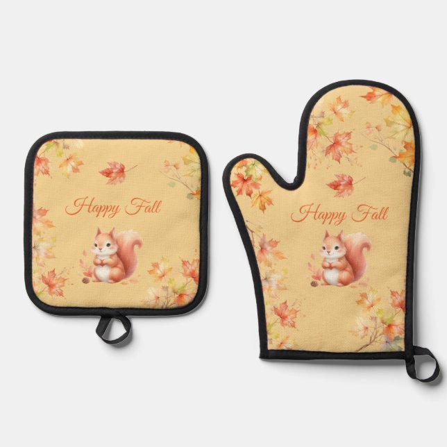 Happy Fall Squirrel in Leaves Oven Mitt & Pot Holder Set (Front)