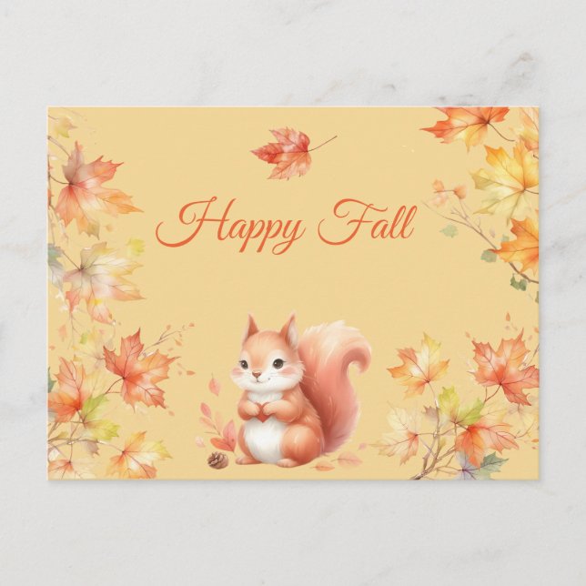 Happy Fall Squirrel in Leaves Postcard (Front)