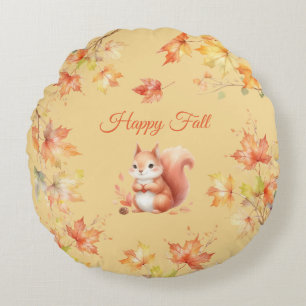 Happy Fall Squirrel in Leaves Round Pillow