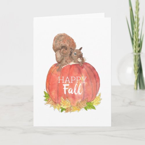 Happy Fall Squirrel on Pumpkin Card