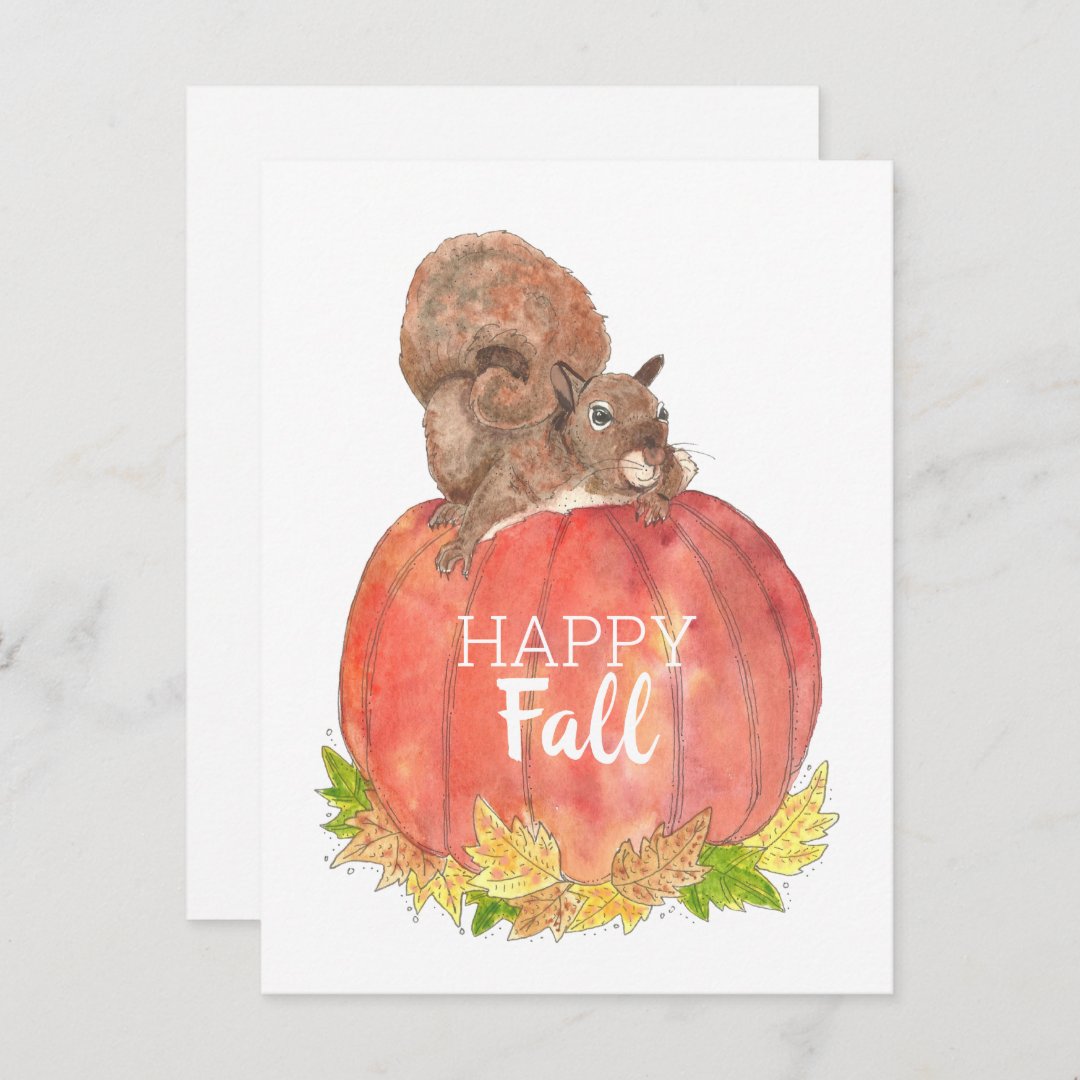 Happy Fall Squirrel on Pumpkin Postcard | Zazzle