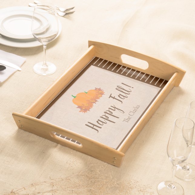 Happy Fall Striped Family Last Name Pumpkin Serving Tray (Front)